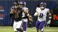 Chicago Bears quarterback Caleb Williams (18) rushes the ball against the Minnesota Vikings during the second half at Soldier Field.