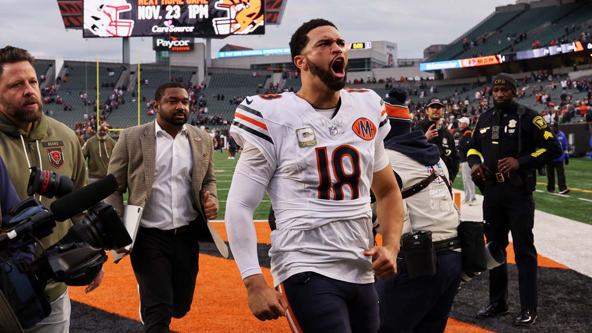 Chicago Bears quarterback Caleb Williams (18) reacts as he walks off the field after defeating the Cincinnati Bengals in the fourth quarter at Paycor Stadium.