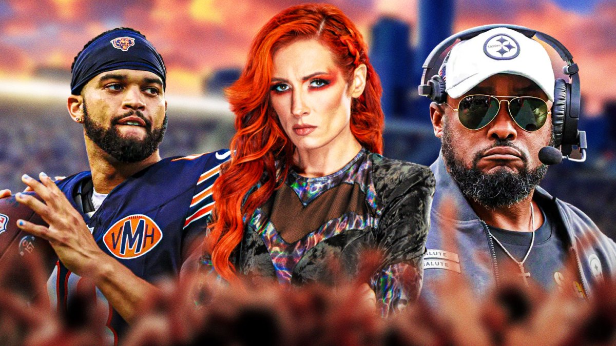 WWE Superstar Becky Lynch in between Chicago Bears quarterback Caleb Williams and Pittsburgh Steelers head coach Mike Tomlin with Soldier Field background.
