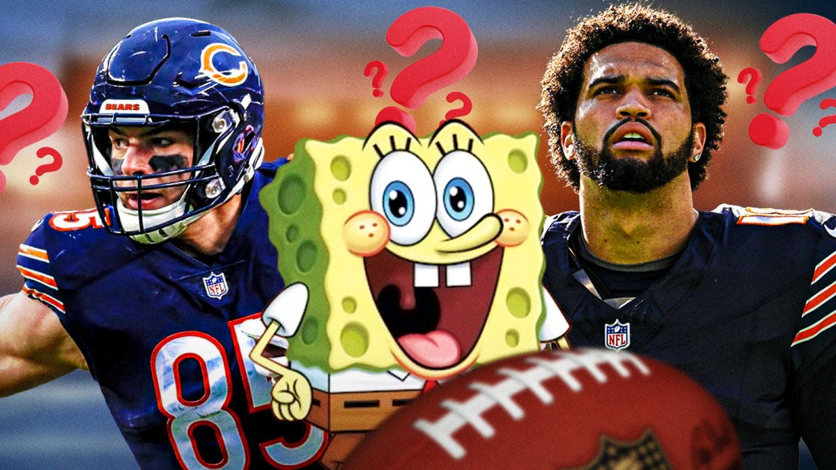 Cole Kmet and Caleb Williams with SpongeBob in between them in the middle, surrounded by question marks with a Chicago Bears-themed BG.