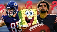 Cole Kmet and Caleb Williams with SpongeBob in between them in the middle, surrounded by question marks with a Chicago Bears-themed BG.