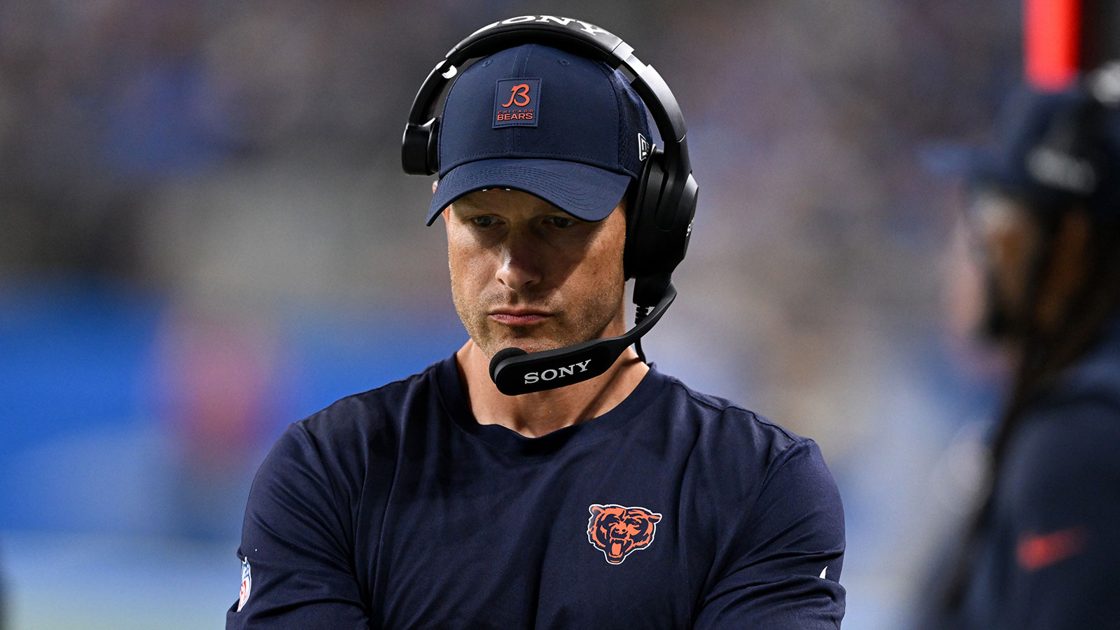 Michigan, USA; Chicago Bears head coach Ben Johnson looks on during the second half of the game against the Detroit Lions at Ford Field.