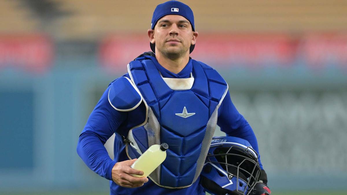 Los Angeles Dodgers catcher Ben Rortvedt (47) during World Series workouts prior to game three against the Toronto Blue Jays at Dodger Stadium.