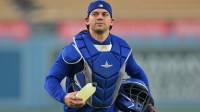 Los Angeles Dodgers catcher Ben Rortvedt (47) during World Series workouts prior to game three against the Toronto Blue Jays at Dodger Stadium.