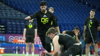 Pittsburgh place kicker Ben Sauls (PK06) attempts a field goal during workouts at the 2025 NFL Scouting Combine at Lucas Oil Stadium.