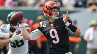 Cincinnati Bengals quarterback Joe Burrow (9) throws a pass against the New York Jets during the first half at MetLife Stadium.