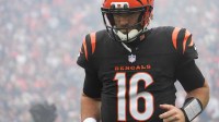 Bengals Joe Flacco (16) enters the field before their game against the Bears at Paycor Stadium on Sunday November 2, 2025.