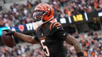 Bengals Tee Higgins (5) celebrates a touchdown during their game against the Bears at Paycor Stadium on Sunday November 2, 2025.