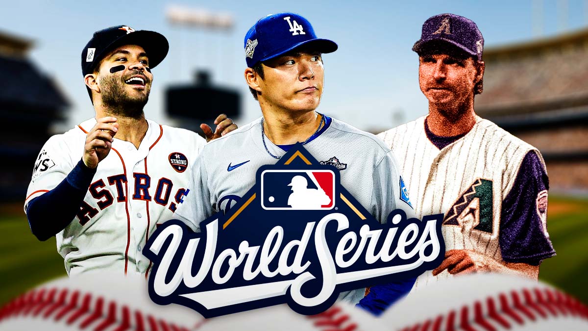 Randy Johnson Diamondbacks 2001, Yoshinobu Yamamoto Dodgders 2025, Jose Altuve Astros 2017 all together. World Series logo front and center.