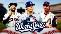 Randy Johnson Diamondbacks 2001, Yoshinobu Yamamoto Dodgders 2025, Jose Altuve Astros 2017 all together. World Series logo front and center.