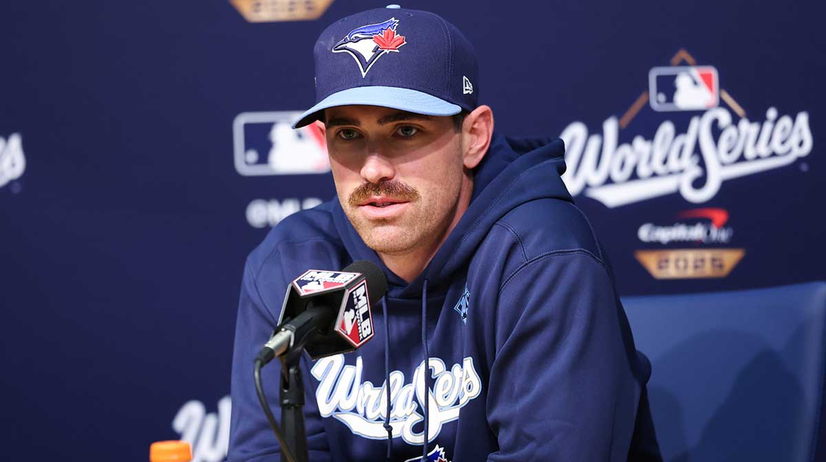 Toronto Blue Jays pitcher Shane Bieber (57) speaks at the postgame press conference after the game against the Los Angeles Dodgers during game four of the 2025 MLB World Series at Dodger Stadium.