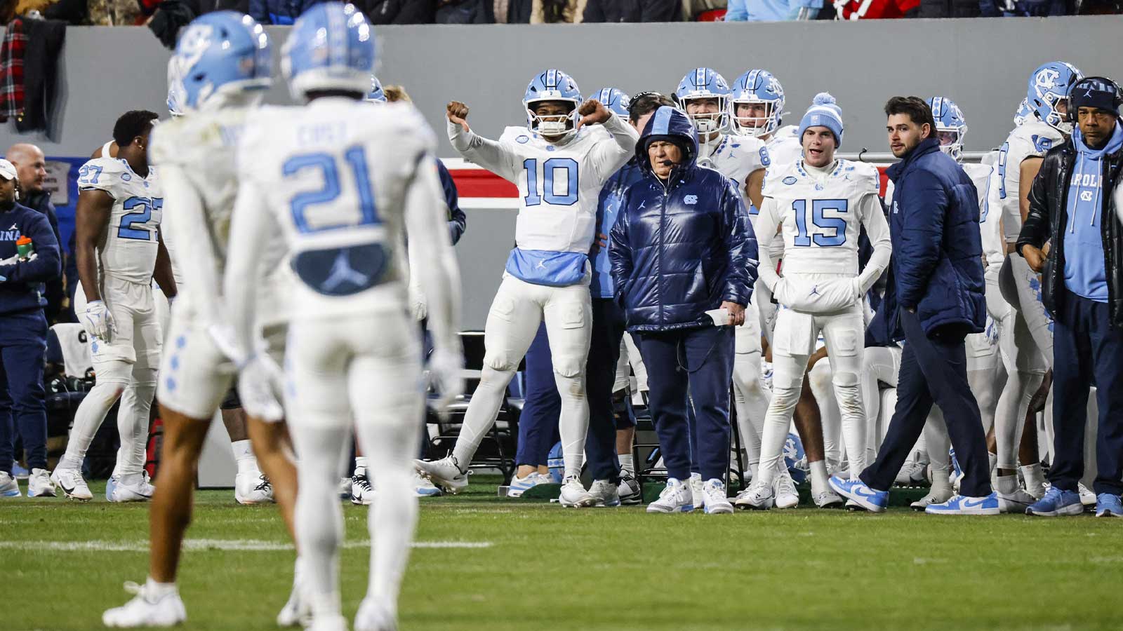 North Carolina Tar Heels head coach Bill Belichick on the sideline during the first half of the game against NC State Wolfpack at Carter-Finley Stadium.