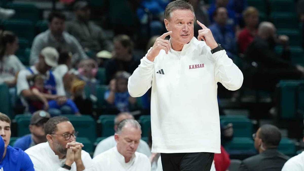 Kansas Jayhawks head coach Bill Self reacts in the first half against the Tennessee Volunteers in the 2025 Players Era Festival third place game at MGM Grand Garden Arena.