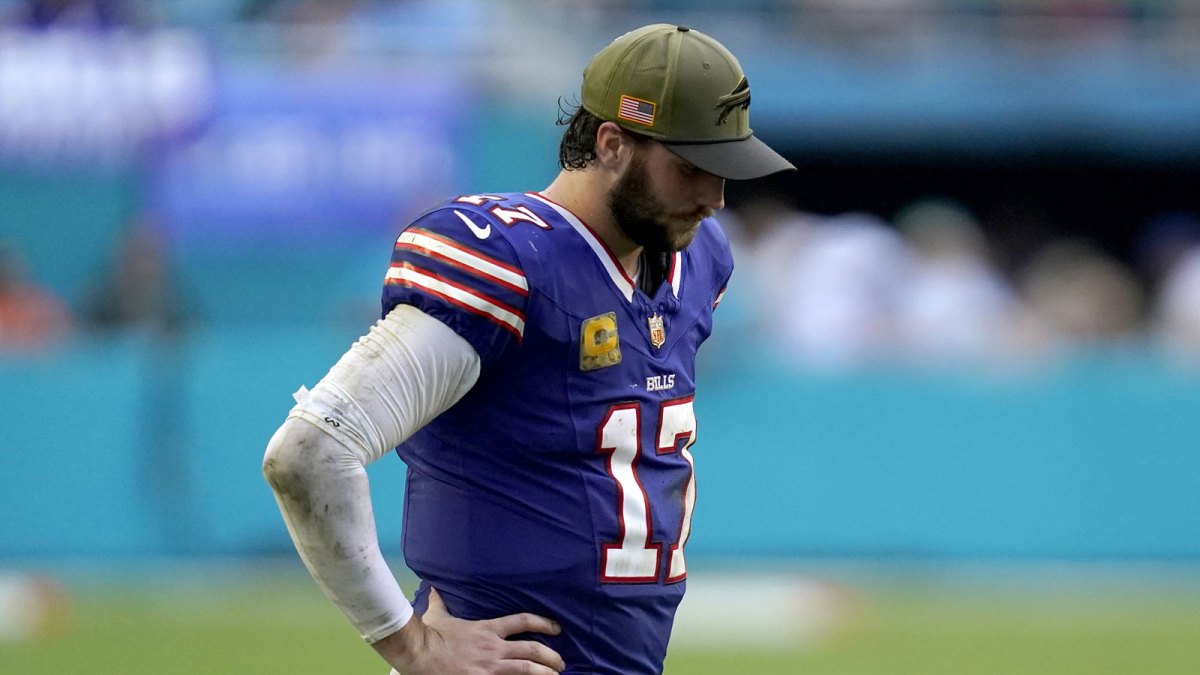 Buffalo Bills quarterback Josh Allen (17) reacts during the second half against the Miami Dolphins at Hard Rock Stadium.