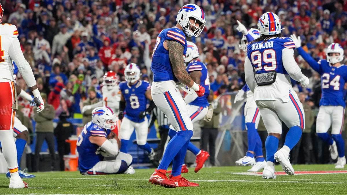Buffalo Bills defensive end Joey Bosa (97) celebrates a sack in the second half against the Kansas City Chiefs at Highmark Stadium