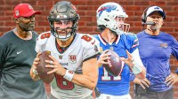 Josh Allen, coach Sean McDermott on one side, Baker Mayfield, coach Todd Bowles on the other side, Brick wall in the background