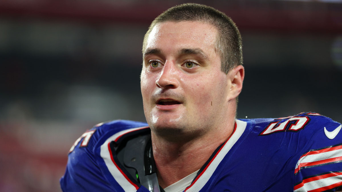 Buffalo Bills defensive end Michael Hoecht (55) looks on after a game against the Tampa Bay Buccaneers at Raymond James Stadium.