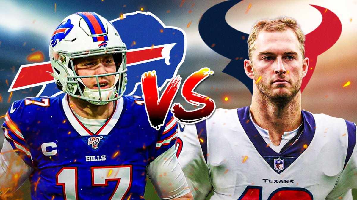 Josh Allen on the left with Bills logo behind him. VS in the middle. Davis Mills on the right with Texans logo behind him.