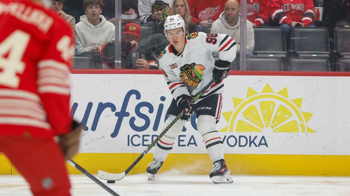 Chicago Blackhawks center Connor Bedard (98) handles the puck during the first period against the Detroit Red Wings at Little Caesars Arena.