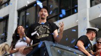 Los Angeles Dodgers pitcher Blake Snell acknowledges the crowd during the World Series championship parade at downtown Los Angeles.