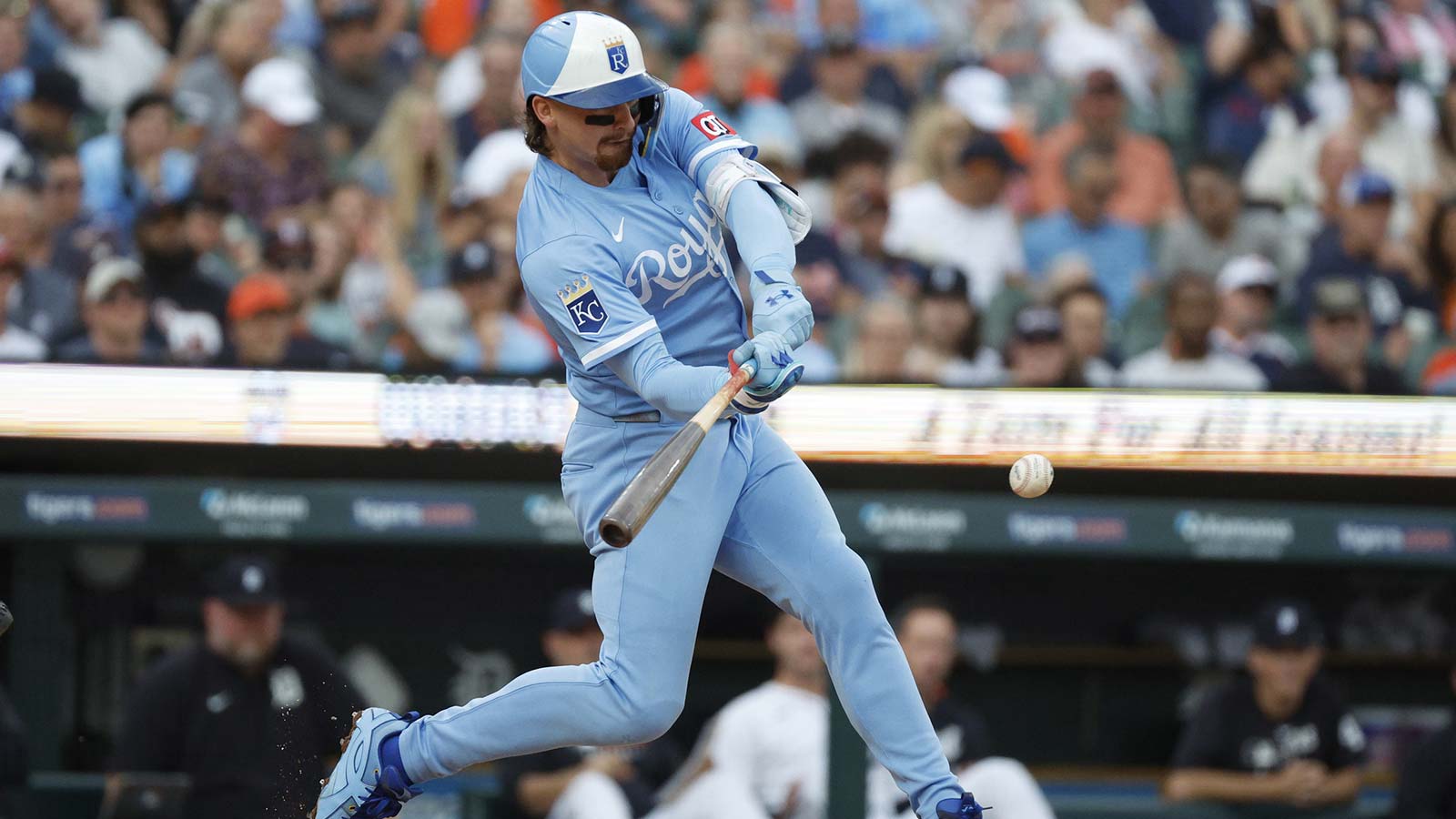 Kansas City Royals shortstop Bobby Witt Jr. (7) hits during an at bat in the fifth inning against the Detroit Tigers at Comerica Park. 