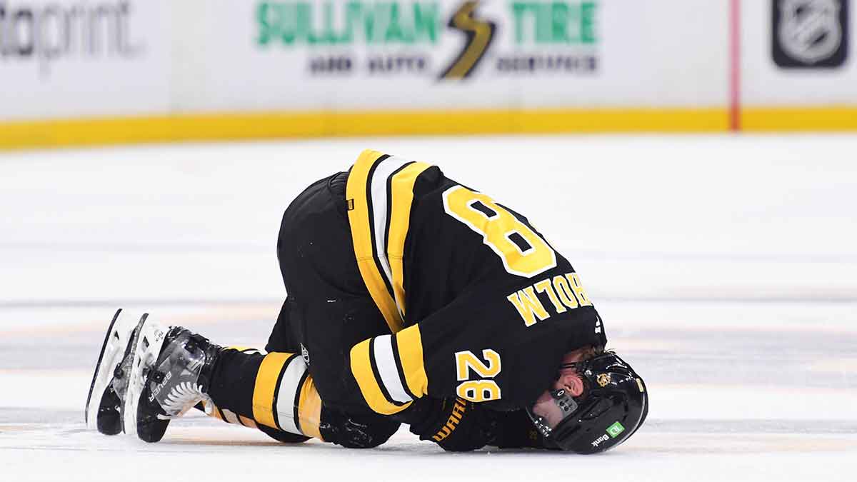 Boston Bruins center Elias Lindholm (28) on the ice after an apparent injury during the second period against the Buffalo Sabres at TD Garden.
