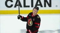 Ottawa Senators left wing Brady Tkachuk (7) acknowledges the crowd following the team loss against the Toronto Maple Leafs in game six of the first round of the 2025 Stanley Cup Playoffs at Canadian Tire Centre.