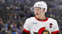 Ottawa Senators left wing Brady Tkachuk (7) looks on during the third period against the St. Louis Blues at Enterprise Center.