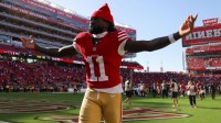 San Francisco 49ers wide receiver Brandon Aiyuk (11) celebrates after the game against the Arizona Cardinals at Levi's Stadium.