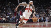 Toronto Raptors forward Brandon Ingram (3) dribbles the ball against the Milwaukee Bucks during the second half at Scotiabank Arena.