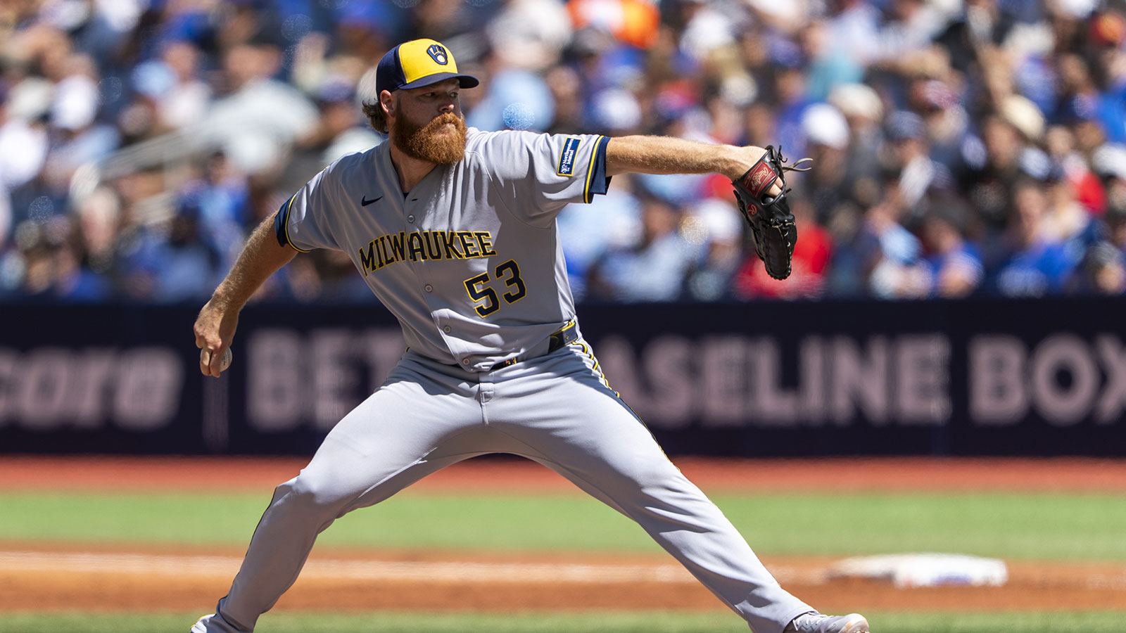 Milwaukee Brewers pitcher Brandon Woodruff (53) pitches to the Toronto Blue Jays the first inning at Rogers Centre.