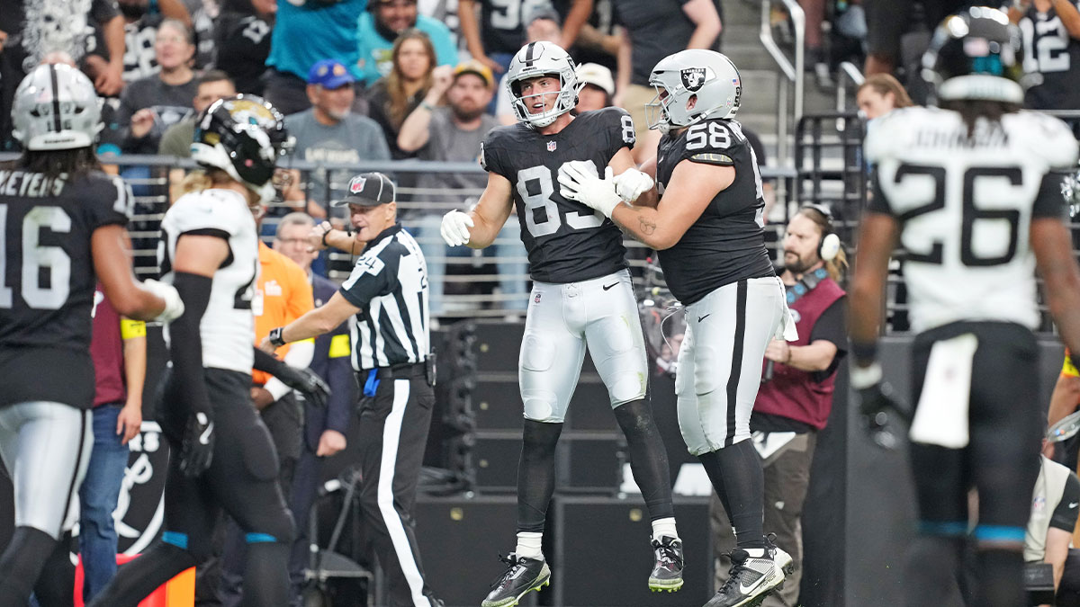 Las Vegas Raiders tight end Brock Bowers (89) reacts after a play during the first half against the Jacksonville Jaguars at Allegiant Stadium.