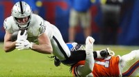 Las Vegas Raiders tight end Brock Bowers (89) makes a catch against the Denver Broncos during the first half at Empower Field at Mile High.
