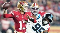 San Francisco 49ers quarterback Brock Purdy (13) drops back to pass against the Carolina Panthers during the first half at Levi's Stadium.