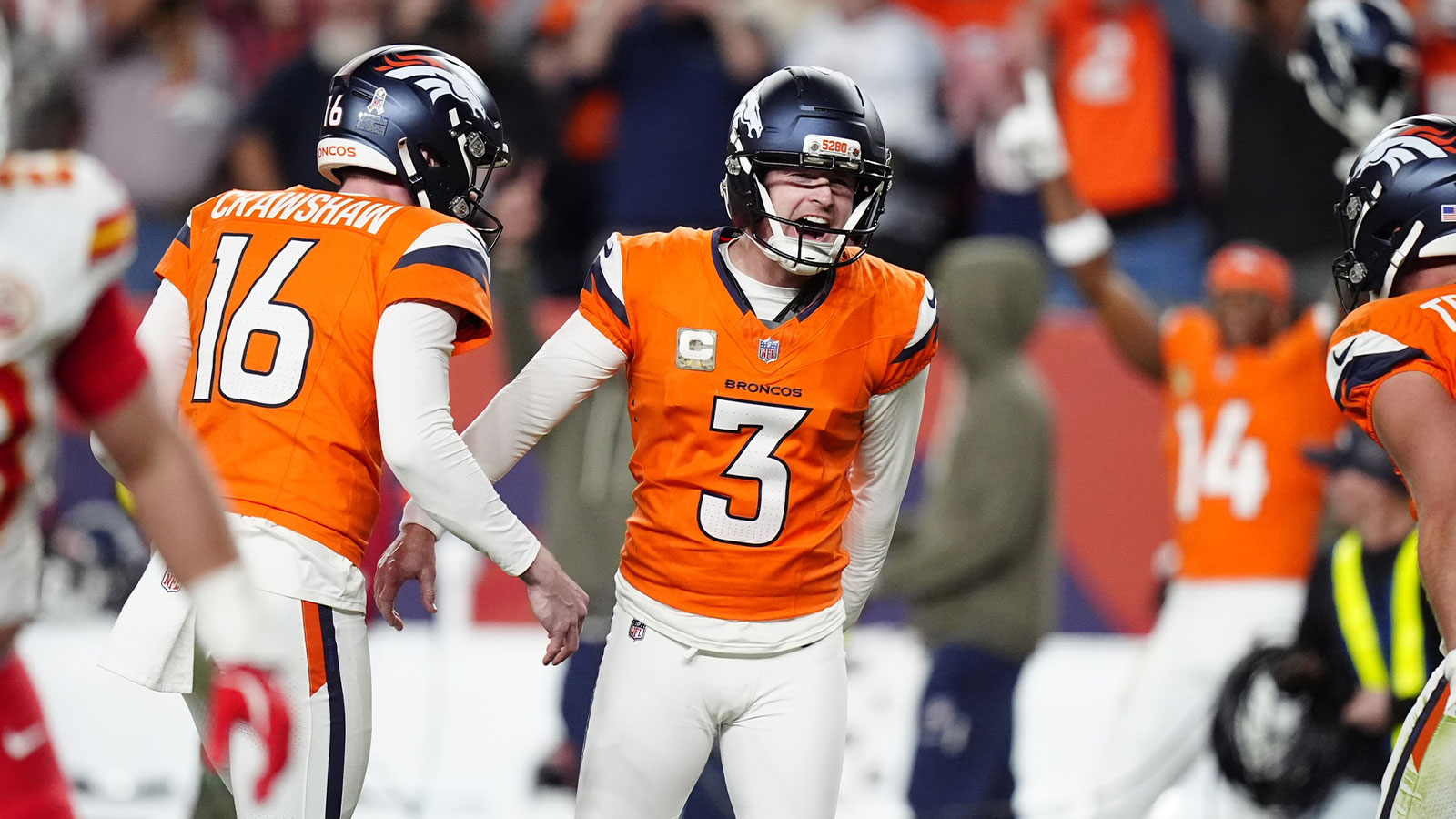 Denver Broncos kicker Wil Lutz (3) celebrates his game winning filed goal in the fourth quarter against the Kansas City Chiefs at Empower Field at Mile High.