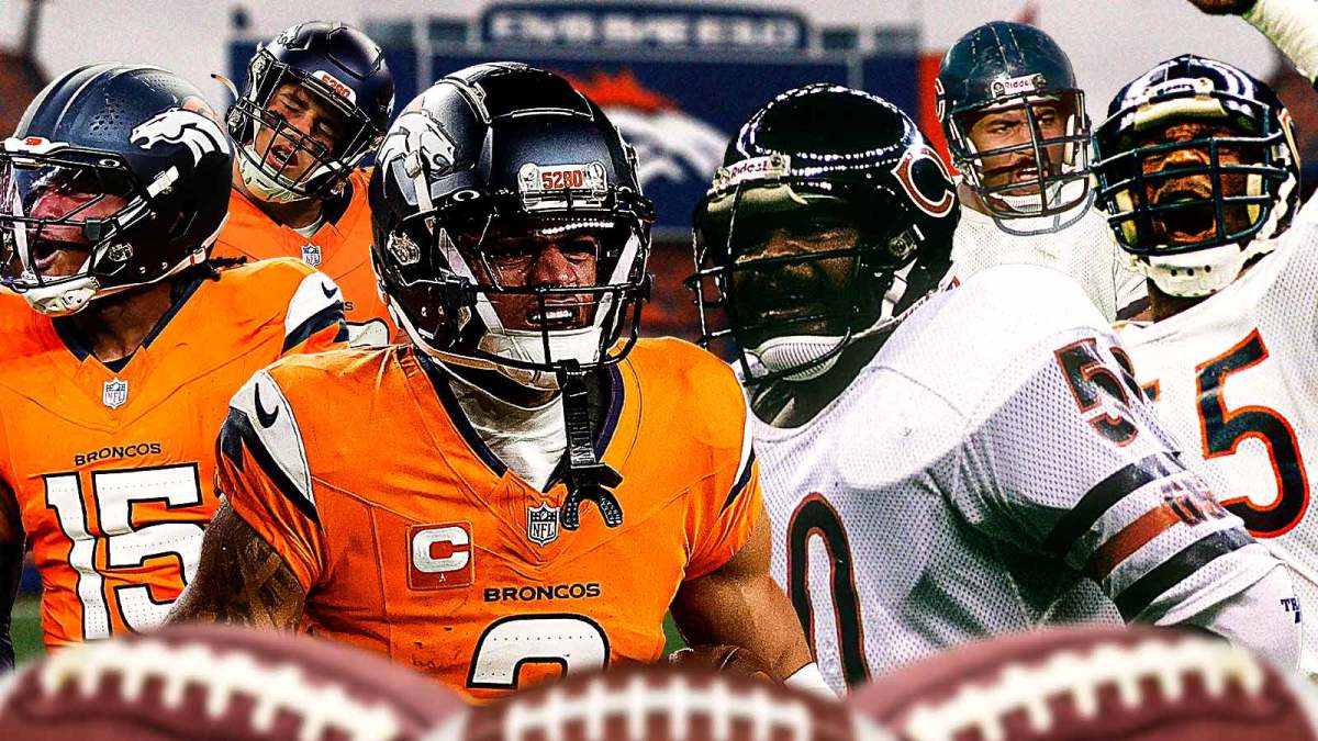 Mike Singletary, Otis Wilson, and Richard Dent playing for the Bears on one side. Patrick Surtain, Nik Bonitto, and Zach Allen playing for the Broncos on other side.