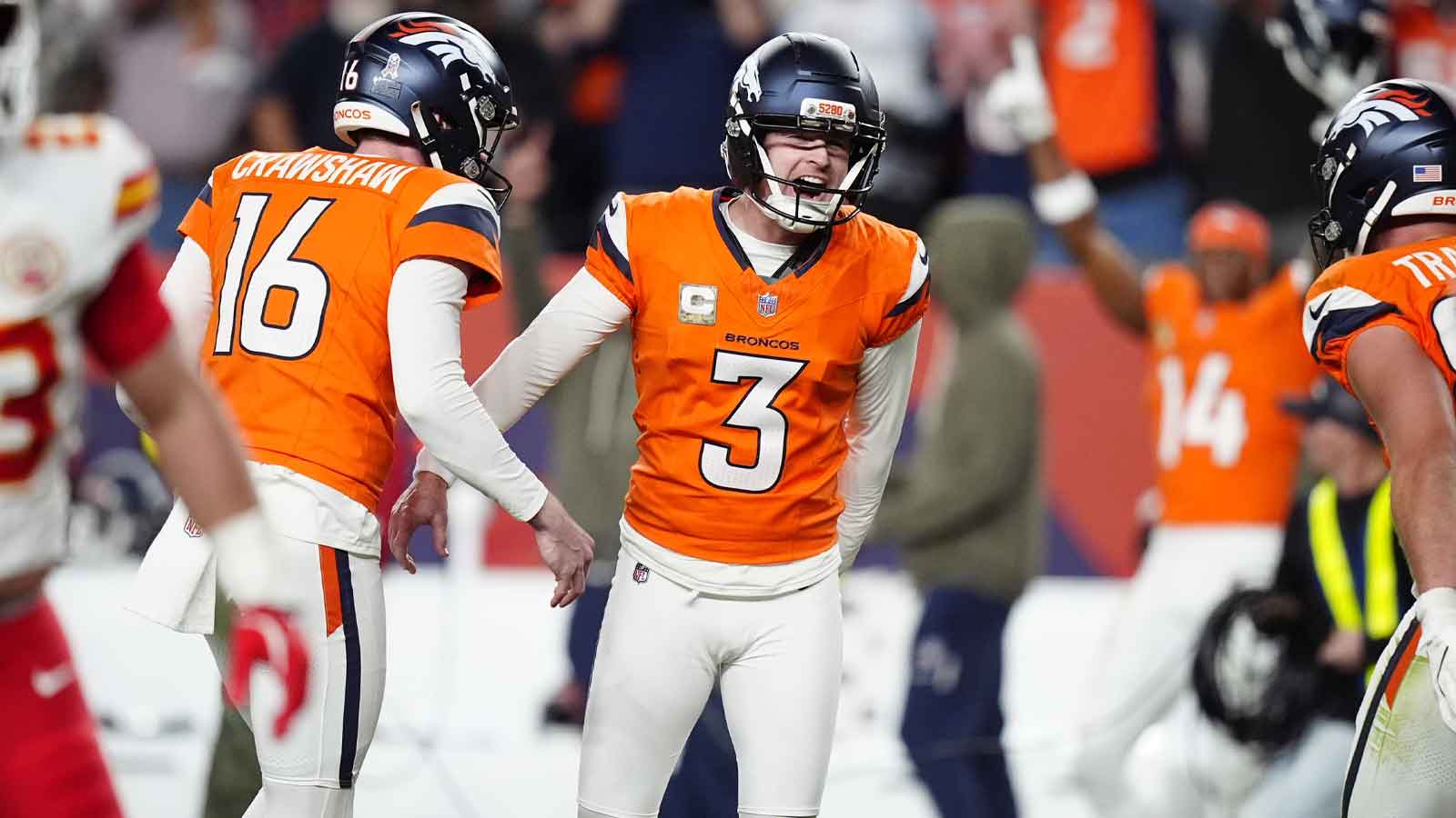 Denver Broncos kicker Wil Lutz (3) celebrates his game winning filed goal in the fourth quarter against the Kansas City Chiefs at Empower Field at Mile High.