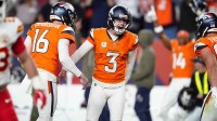 Denver Broncos kicker Wil Lutz (3) celebrates his game winning filed goal in the fourth quarter against the Kansas City Chiefs at Empower Field at Mile High.