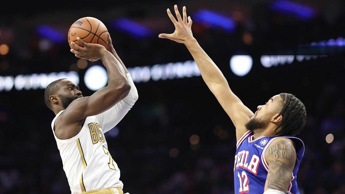 Boston Celtics guard Jaylen Brown (7) shoots the ball against Philadelphia 76ers forward Trendon Watford (12) during the second quarter at Xfinity Mobile Arena.