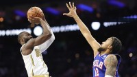 Boston Celtics guard Jaylen Brown (7) shoots the ball against Philadelphia 76ers forward Trendon Watford (12) during the second quarter at Xfinity Mobile Arena.