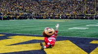 Brutus Buckeye sits on the field before the the NCAA football game between the Ohio State Buckeyes and the Michigan Wolverines at Michigan Stadium on Saturday, Nov. 29, 2025 in Ann Arbor, Michigan.