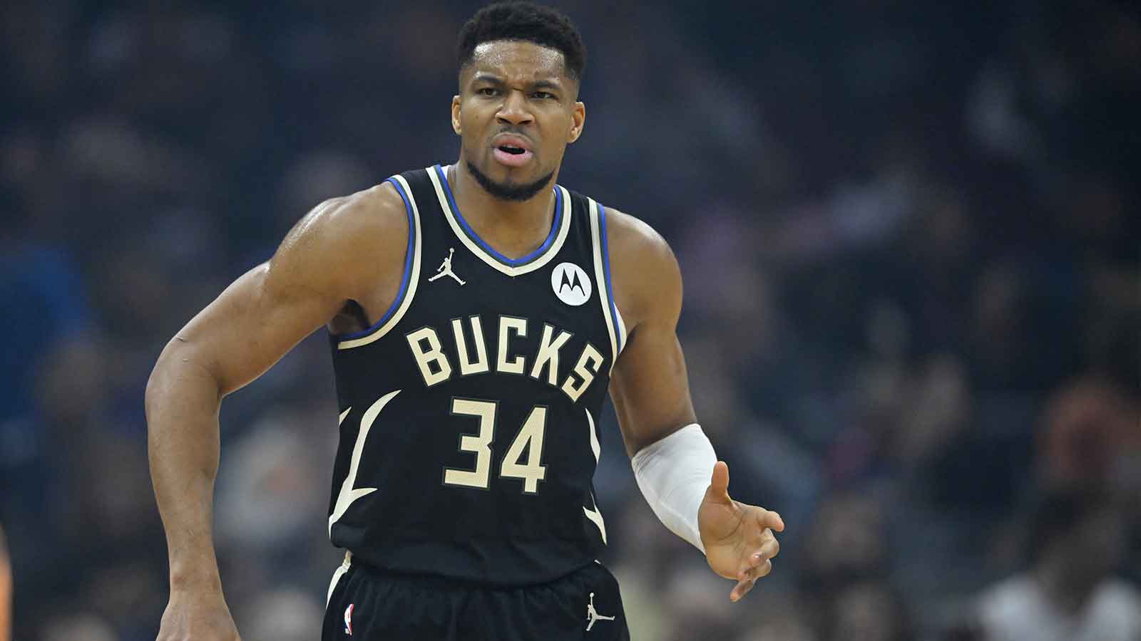 Milwaukee Bucks forward Giannis Antetokounmpo (34) stands on the court in the first quarter against the Cleveland Cavaliers at Rocket Arena.