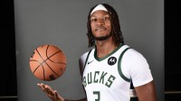 Milwaukee Bucks center Myles Turner (3) poses for a picture during Milwaukee Bucks Media Day at the Fiserv Forum.