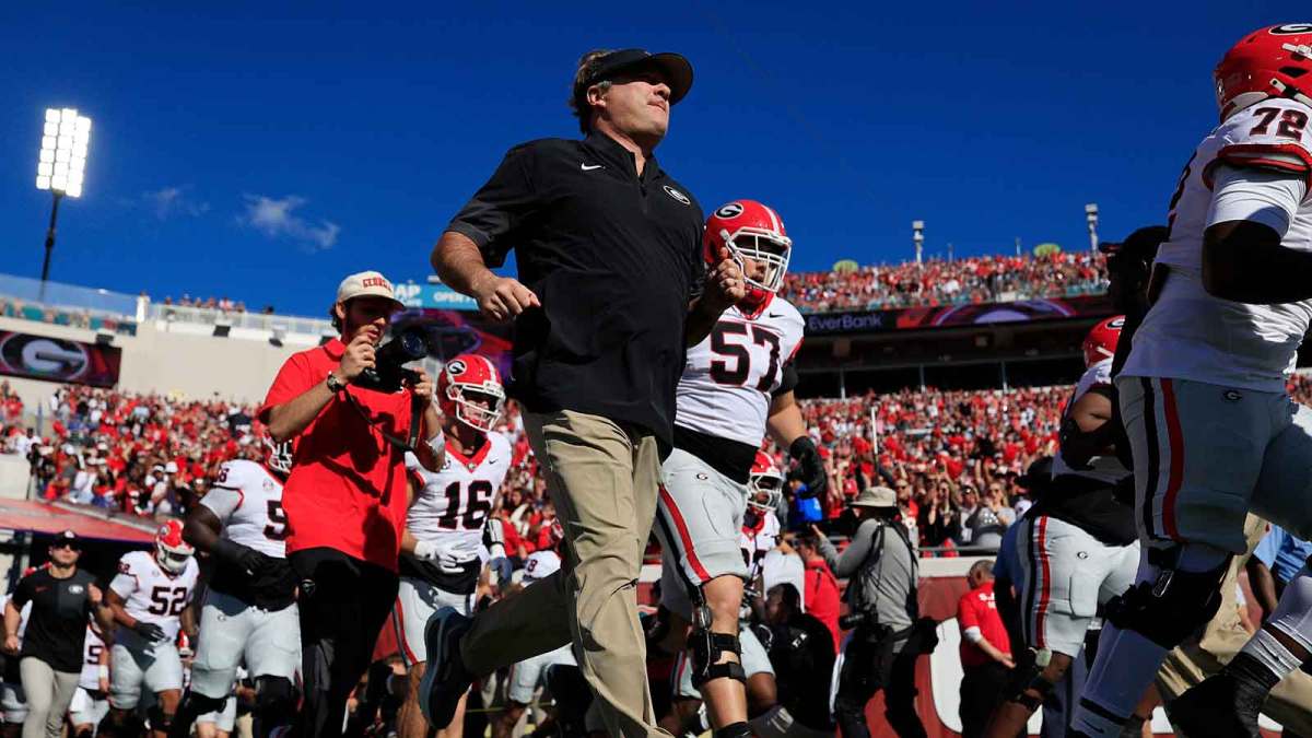 Georgia Bulldogs head coach Kirby Smart takes to the field with the team before an NCAA football game, Saturday, Nov. 1, 2025, at EverBank Stadium in Jacksonville, Fla. Georgia held off Florida 24-20. [Corey Perrine/Florida Times-Union]