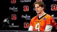 Cincinnati Bengals quarterback Joe Burrow speaks at a press conference at Paycor Stadium in Cincinnati on Nov. 25, 2025.