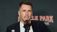 San Francisco Giants president of baseball operations Buster Posey speaks during the introductory press conference for shortstop Willy Adames (not pictured) at Oracle Park.