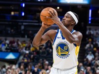 Golden State Warriors forward Jimmy Butler III (10) shoots the ball in the first half against the Indiana Pacers at Gainbridge Fieldhouse.