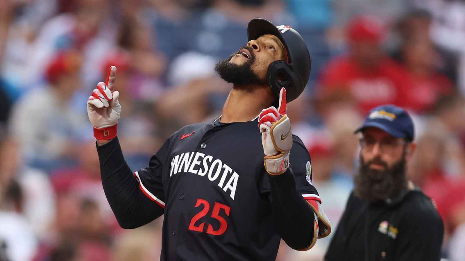 Minnesota Twins outfielder Byron Buxton (25) reacts to his home run during the first inning against the Philadelphia Phillies at Citizens Bank Park. 