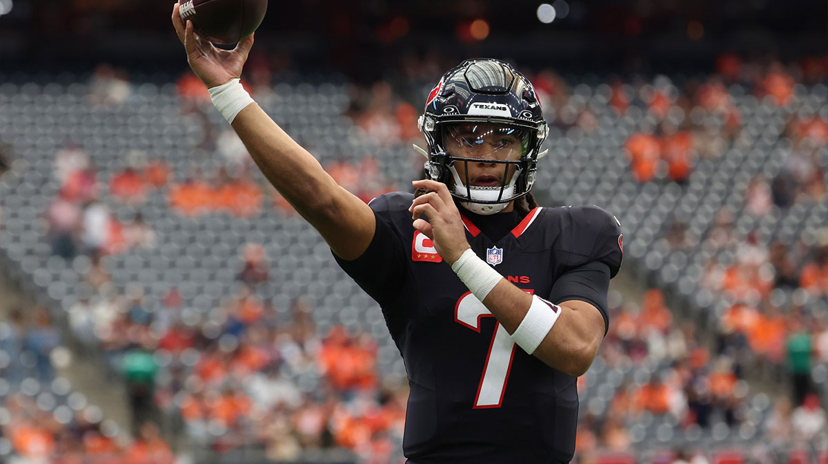 Houston Texans quarterback C.J. Stroud (7) warms up before a game against the Denver Broncos at NRG Stadium.
