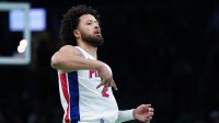 Detroit Pistons guard Cade Cunningham (2) reacts after his three point basket against the Boston Celtics in the first half at TD Garden.
